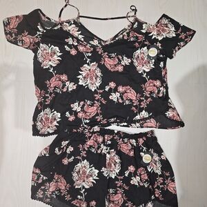 #25 Charlotte Russe Black and Pink Floral Cold Shoulder Sleepwear Set